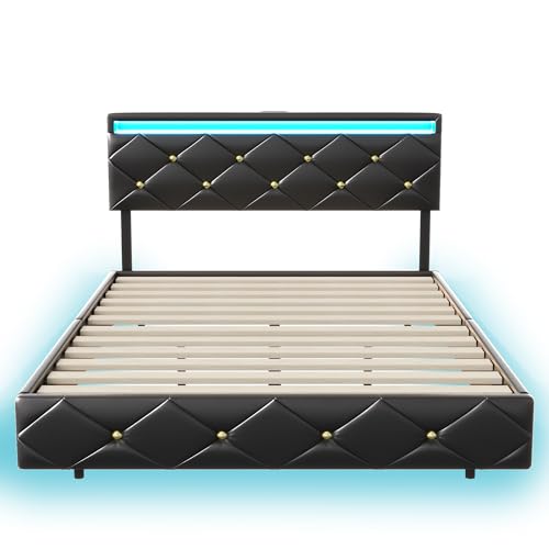 HYTKKBD Gepolstertes Doppelbett, 140 x 200 cm, schwimmendes Doppelbett, mit LED-Beleuchtung, Lattenrost aus Holz und Metall, ohne Matratze, PU schwarz von HYTKKBD