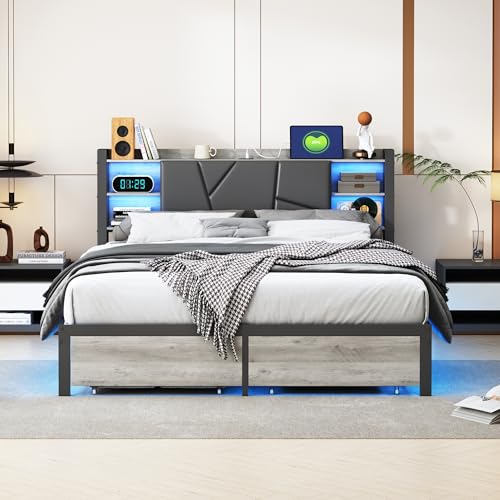HYTKKBD Gepolstertes Doppelbett, 180 x 200 cm, Doppelbett, Kopfteil mit LED und USB-Funktion, Gestell aus Holz und Metall mit 2 Schubladen, Grau von HYTKKBD