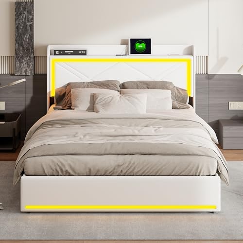 HYTKKBD Gepolstertes Doppelbett 140 x 200 cm, modernes Doppelbett, Kopfteil mit LED und USB-Anschlüssen, robuste Struktur mit Lattenrost, ohne Matratze, PU-Leder Weiß von HYTKKBD