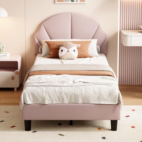 HYTKKBD Jugendbett 90x200 cm mit höhenverstellbarem Kopfteil – Gepolstertes Prinzessinnenbett aus weichem Velours, Stabiler Metallrahmen, für Mädchen und Jungen (Rosa+Samtstoff(1), 90x200) von HYTKKBD
