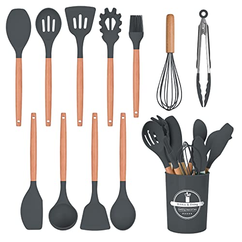 HYTTER 12 Stück Silikon Küchenhelfer set, Hitzebeständige Holzgriffe, Antihaft Kochgeschirr Set mit Behälter, Ungiftig, Hitzebeständigkeit bis zu 230°C für Jede Küche (Grau) von HYTTER