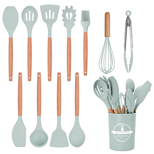 HYTTER 12 Stück Silikon Küchenhelfer set, Hitzebeständige Holzgriffe, Antihaft Kochgeschirr Set mit Behälter, Ungiftig, Hitzebeständigkeit bis zu 230°C für Jede Küche (Grün) von HYTTER