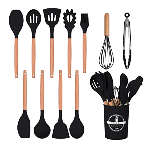 HYTTER 12 Stück Silikon Küchenhelfer set, Hitzebeständige Holzgriffe, Antihaft Kochgeschirr Set mit Behälter, Ungiftig, Hitzebeständigkeit bis zu 230°C für Jede Küche (Schwarz) von HYTTER