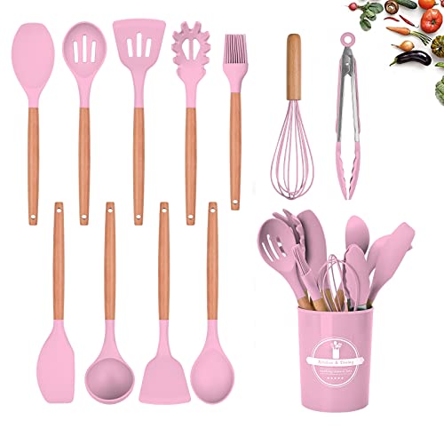 HYTTER 12 Stück Silikon Küchenhelfer set, Hitzebeständige Holzgriffe, Antihaft Kochgeschirr Set mit Behälter, Ungiftig, Hitzebeständigkeit bis zu 230°C für Jede Küche (Rosa) von HYTTER