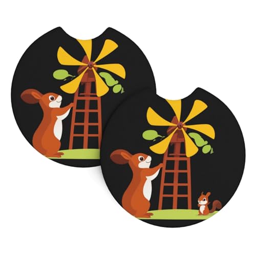 HYTTER Little Squirrel Playing with Windmill Printed Car Coasters 2 Pack - Durable Waterproof Cup Holder Coasters for Car Interior Protection and Decoration von HYTTER