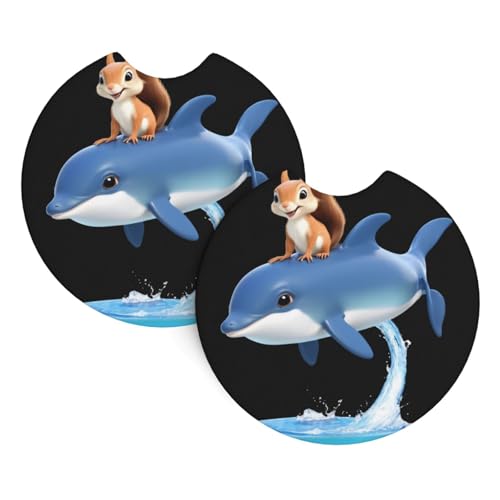 HYTTER Little Squirrel Riding a Dolphin Printed Car Coasters 2 Pack - Durable Waterproof Cup Holder Coasters for Car Interior Protection and Decoration von HYTTER
