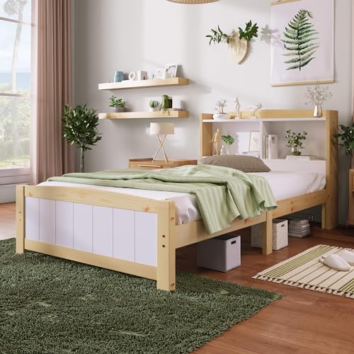 Einzelbett Massivholz 90x200cm mit Holz Lattenrost und Stauraum-Kopfteil, Jugendbett Familienbett, Stauraum unter dem Bett, Bettrahmen aus Stabiler Massivholz, für Schlafzimmer Gästezimmer von HYUB