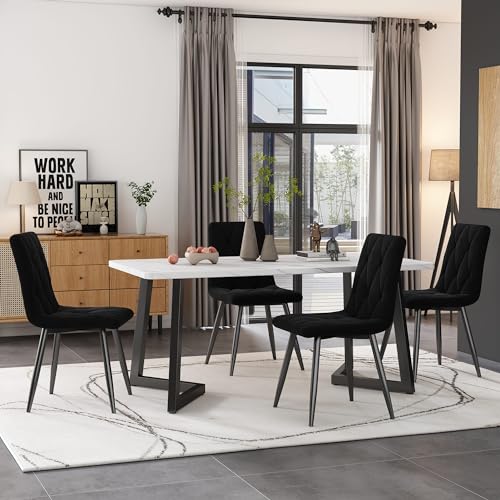 Esszimmergruppe mit Esstisch und 4 Schwarz Essstühlen, Moderner Küchentisch Set, Samt Esszimmerstuhl, Essgruppe mit Schwarz Tischbein, für Ihr Esszimmer Küche Wohnzimmer und Entspannte Frühstücke von HYUB