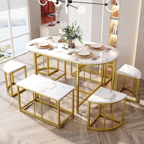 Esszimmergruppe mit Esstisch und 6 Essstühlen, Esstisch mit 6 Stühlen Set, Moderner Küchentisch Set, für Ihr Esszimmer Küche Wohnzimmer, Essgruppe mit Goldene Tischbeine, für Entspannte Frühstücke von HYUB