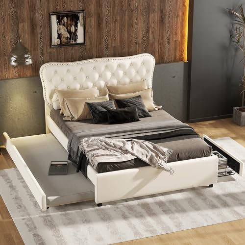 HYUB Ausziehbett Polsterbett 140 x 200cm&90 x 190cm mit Kopfteil Lattenrost und Stauraum, Doppelbett Bettgestell mit Rollbett und Zwei Schubladen, PU-Leder, Beige (ohne Matratze) von HYUB