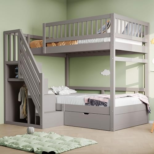 HYUB Etagenbett 90x200 cm mit Kleiderschrank und Schubladen, Stockbett mit Stauraum und Treppe, Bettgestell mit Lattenrost und Rausfallschutz, Grau HYUB Etagenbett 90x200 cm mit Kleiderschrank und Schubladen, Stockbett mit Stauraum und Treppe, Bettgestell mit Lattenrost und Rausfallschutz, Grau von HYUB