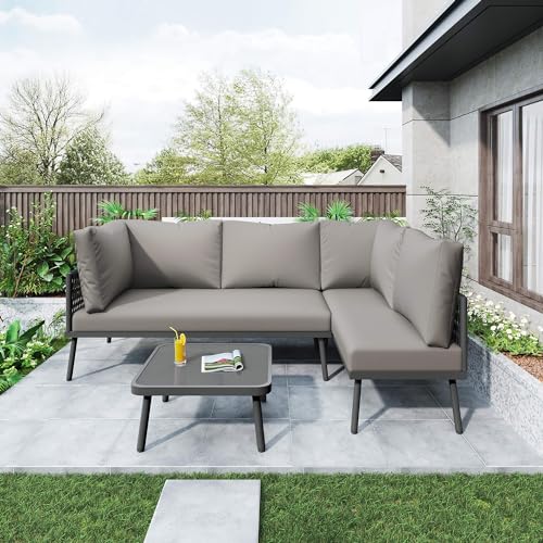 HYUB Gartenmöbel Set, Balkonmöbel mit Sitzkissen und verstellbaren Füßen, Lounge Sitzgruppe Outdoor mit 2 Sofas und 1 Tisch, Garten Loungemöbel Set, für Garten und Terrasse Familientreffen, Grau von HYUB