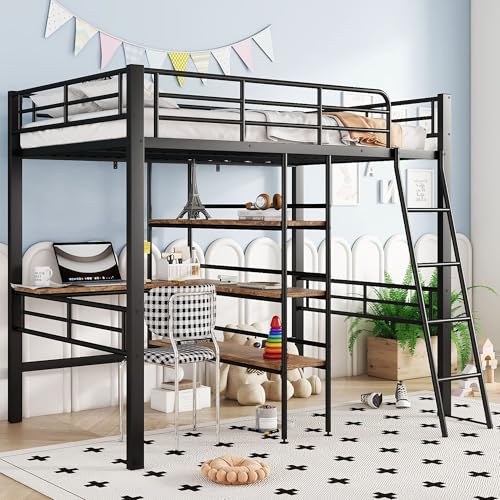 HYUB Hochbett 90x200 cm mit Schreibtisch und Leiter, Mettalbett Etagenbett mit Rausfallschutz und Regalen, Bett für Erwachsene Jugendliche und Kinder, Schwarz von HYUB
