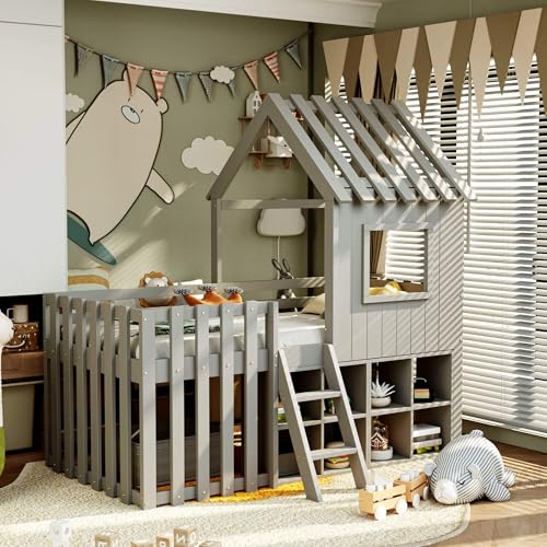 HYUB Hochbett Hausbett 90x200 cm mit Offenem Stauraum und Dach, Kinderbett Etagenbett mit Lattenrost und Fenster, Bettgestell mit Leiter und Rausfallschutz, Grau von HYUB