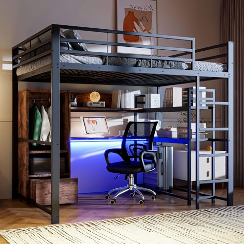 HYUB Hochbett Metallbett 140x200 cm mit Schreibtisch und Kleiderschrank, Etagenbett mit Schubladen und Regale, Bettgestell mit Lattenrost und Stauraum, Schwarz von HYUB