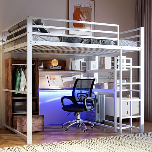 HYUB Hochbett Metallbett 140x200 cm mit Schreibtisch und Kleiderschrank, Etagenbett mit Schubladen und Regale, Bettgestell mit Lattenrost und Stauraum, Weiß von HYUB
