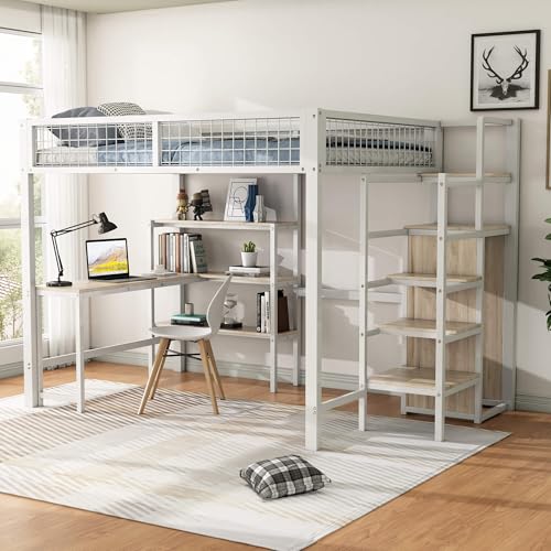 HYUB Hochbett Metallbett 140x200 cm mit Schreibtisch und Kleiderschrank, Etagenbett mit Treppe und Bücherregal, Bettgestell mit Rausfallschutz, Bett für Erwachsene Jugendliche und Kinder, Weiß HYUB Hochbett Metallbett 140x200 cm mit Schreibtisch und Kleiderschrank, Etagenbett mit Treppe und Bücherregal, Bettgestell mit Rausfallschutz, Bett für Erwachsene Jugendliche und Kinder, Weiß von HYUB