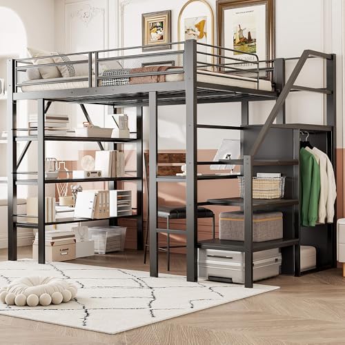 HYUB Hochbett Metallbett 140x200 cm mit Schreibtisch und Kleiderschrank, Etagenbett mit Treppe und Stauraum, Bettgestell mit Lattenrost, Bett für Erwachsene Jugendliche und Kinder, Schwarz HYUB Hochbett Metallbett 140x200 cm mit Schreibtisch und Kleiderschrank, Etagenbett mit Treppe und Stauraum, Bettgestell mit Lattenrost, Bett für Erwachsene Jugendliche und Kinder, Schwarz von HYUB