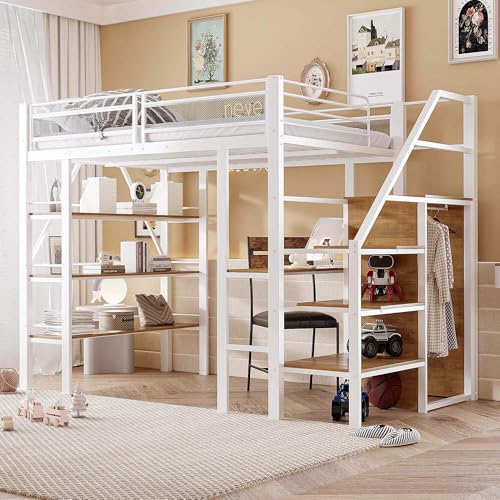 HYUB Hochbett Metallbett 140x200 cm mit Schreibtisch und Kleiderschrank, Etagenbett mit Treppe und Stauraum, Bettgestell mit Lattenrost, Bett für Erwachsene Jugendliche und Kinder, Weiß HYUB Hochbett Metallbett 140x200 cm mit Schreibtisch und Kleiderschrank, Etagenbett mit Treppe und Stauraum, Bettgestell mit Lattenrost, Bett für Erwachsene Jugendliche und Kinder, Weiß von HYUB