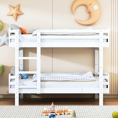 HYUB Kinderbett, Etagenbett 90 x 190 cm mit Rausfallschutz und Lattenrost, Vielseitig Hochbett mit Leiter, Doppelstockbett, Umwandelbar in Zwei Plattformbetten, für Kinderzimmer, Ohne Matratze, Weiß von HYUB