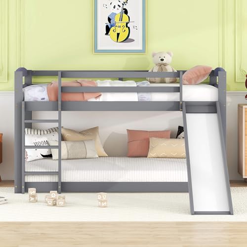 HYUB Kinderbett, Etagenbett 90x200cm mit Rutsche und Rausfallschutz, Hochbett mit Lattenrost und Leiter, Hausbett für 2 Kinder, Bettrahmen aus Hochwertigem Massivem Kiefernholz, Ohne Matratze, Grau von HYUB