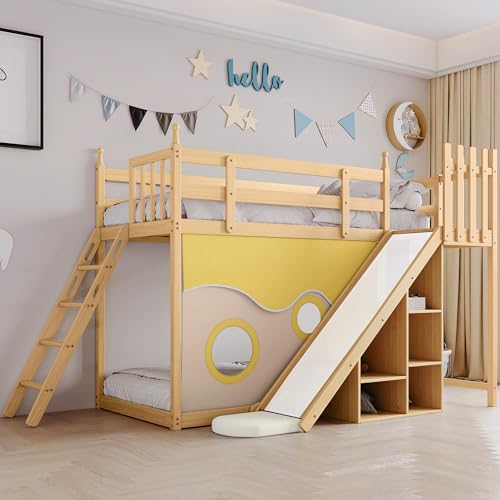 HYUB Kinderbett, Etagenbett mit Rausfallschutz und Rutsche, Vielseitiges Hochbett mit Treppe und Clevere Regale, Bettrahmen und Lattenrost aus Stabiler Kiefernholz, für Kinder und Jugendliche, Natur von HYUB