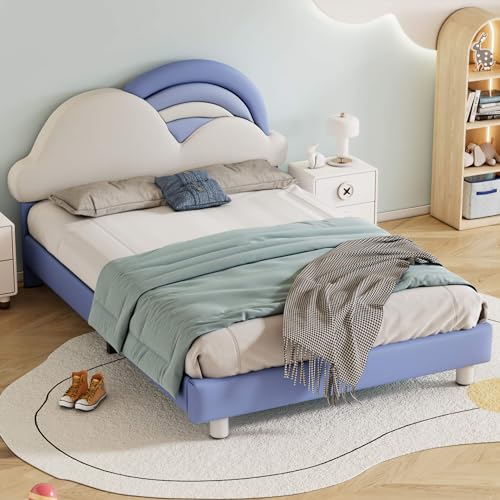 HYUB Kinderbett, Polsterbett 140x200cm mit Höhenverstellbares Kopfteil, Mädchenbett Doppelbett mit Holzlattenroste, für Jungen und Mädchen, Stauraum unter dem Bett, Ohne Matratz, Blau von HYUB