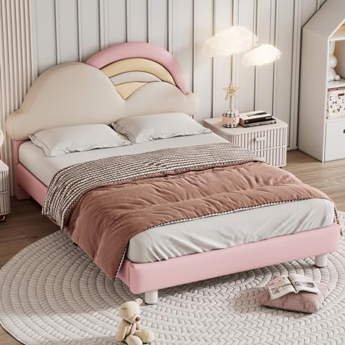 HYUB Kinderbett, Polsterbett 140x200cm mit Höhenverstellbares Kopfteil, Mädchenbett Doppelbett mit Holzlattenroste, für Jungen und Mädchen, Stauraum unter dem Bett, Ohne Matratz, Rosa von HYUB