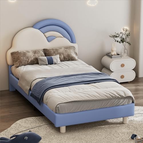 HYUB Kinderbett, Polsterbett 90x200cm mit Höhenverstellbares Kopfteil, Mädchenbett Einzelbett mit Holzlattenroste, für Jungen und Mädchen, Stauraum unter dem Bett, Ohne Matratz, Blau von HYUB