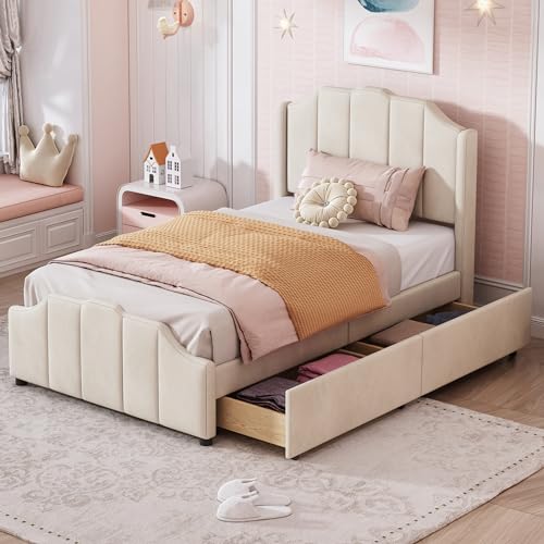 HYUB Kinderbett, Polsterbett mit Stauraum 90x200cm, Stauraumbett Einzelbett mit Zwei Schubladen und Kopfteil, Bett mit Bettgestell und Lattenrost, Hautfreundlicher Samt, Ohne Matratz, Beige von HYUB