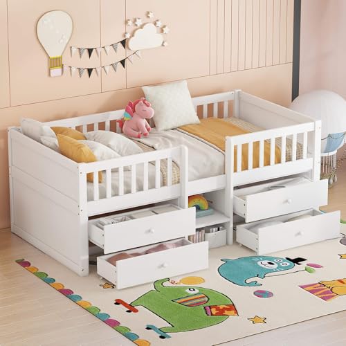 HYUB Kinderbett Bodenbett 90x200 cm mit 4 Schubladen und Rausfallschutz, Hausbett Holzbett mit Lattenrost und Stauraum, Bett für Kinderzimmer, Bettgestell aus Kiefernholz, Weiß HYUB Kinderbett Bodenbett 90x200 cm mit 4 Schubladen und Rausfallschutz, Hausbett Holzbett mit Lattenrost und Stauraum, Bett für Kinderzimmer, Bettgestell aus Kiefernholz, Weiß von HYUB