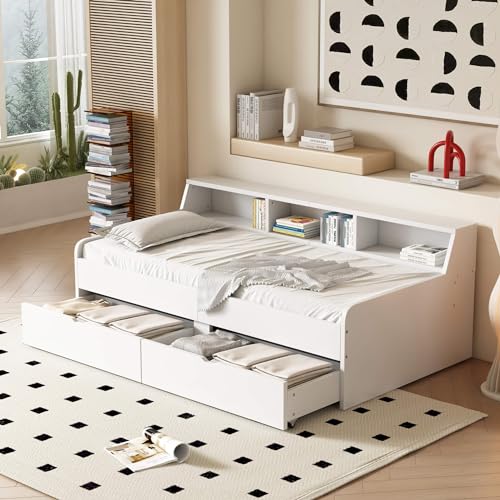 HYUB Kinderbett Tagesbett 90 x 200cm Schlafsofa mit Zwei Schubladen, Kiefernholz Einzelbett Holzbett mit Staufach für Kinderzimmer für Jungen & Mädchen, Weiß HYUB Kinderbett Tagesbett 90 x 200cm Schlafsofa mit Zwei Schubladen, Kiefernholz Einzelbett Holzbett mit Staufach für Kinderzimmer für Jungen & Mädchen, Weiß von HYUB
