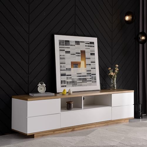 HYUB Modern TV-Schrank für unter 80-Zoll-Fernseher Lowboard mit Weißer Ausführung, TV Boardmit viel Stauraum, TV Sideboard, Fernsehschrank für Wohnzimmer, Weiß von HYUB