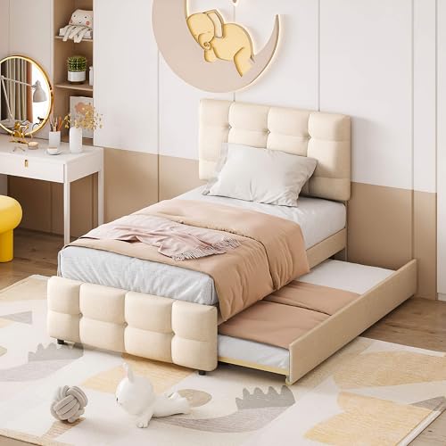 HYUB Polsterbett 90 x 200cm mit Verstellbares Kopfteil, Ausziehbares Kinderbett mit Rückenlehne und Lattenrost, Hautfreundliche Leinenpolsterung, Hausbett für Kinder, Ohne Matratze, Beige von HYUB