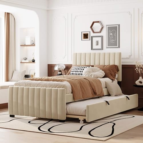 HYUB Polsterbett 90x190 cm mit Ausziehbett, Bett mit Lattenrost, Einzelbett für Schlafzimmer und Gästezimmer, Samtstoff, Beige HYUB Polsterbett 90x190 cm mit Ausziehbett, Bett mit Lattenrost, Einzelbett für Schlafzimmer und Gästezimmer, Samtstoff, Beige von HYUB