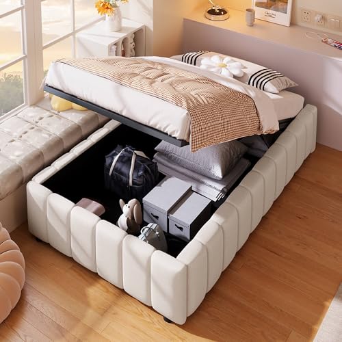 HYUB Polsterbett Einzelbett 90x200 cm, Hydraulisches Stauraumbett mit Bettkasten und Lattenrost, Bettgestell mit Stauraum, ohne Kopfteil, Leinen, Beige von HYUB