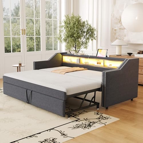 HYUB Polsterbett Schlafsofa 90x190 cm mit Ausziehbett, Tagesbett mit Multifunktionales Staufach und Rückenlehne, Bettgestell mit Stauraum und Lattenrost, Leinenstoff, Grau von HYUB