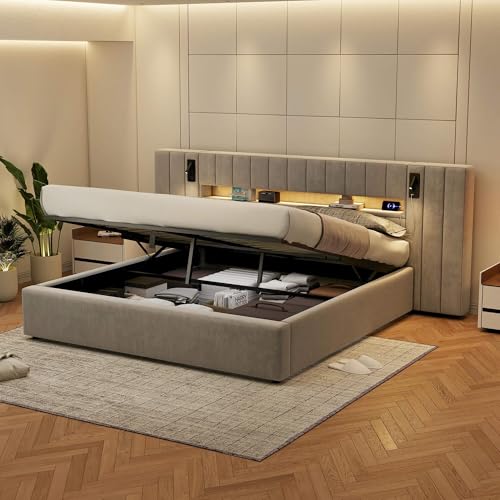 HYUB Polsterbett Stauraumbett 180x200 cm mit Bettkasten, Kopfteil mit Stauraum, Hydraulisches Doppelbett mit Beleuchtung und Lattenrost, Bett für Schlafzimmer und Gästezimmer, Samt, Grau HYUB Polsterbett Stauraumbett 180x200 cm mit Bettkasten, Kopfteil mit Stauraum, Hydraulisches Doppelbett mit Beleuchtung und Lattenrost, Bett für Schlafzimmer und Gästezimmer, Samt, Grau von HYUB