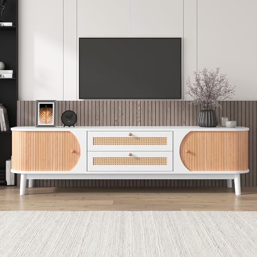 HYUB Rattan TV-Schrank für unter 75-Zoll-Fernseher Landhausstil, TV Boardmit viel Stauraum, Retro TV Sideboard, Lowboard mit 2 Türen und Schubladen, Fernsehschrank für Wohnzimmer Weiß von HYUB