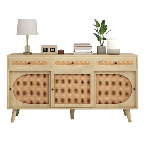 HYUB Sideboard, Kommode mit 3 Schiebetüren und 3 Schubladen, Anrichte mit Verstellbaren Einlegeböden, Aufbewahrungsschrank für Flur Küche Schlafzimmer Wohnzimmer, Mehrzweckschrank, Natur, 140x40x78cm HYUB Sideboard, Kommode mit 3 Schiebetüren und 3 Schubladen, Anrichte mit Verstellbaren Einlegeböden, Aufbewahrungsschrank für Flur Küche Schlafzimmer Wohnzimmer, Mehrzweckschrank, Natur, 140x40x78cm von HYUB