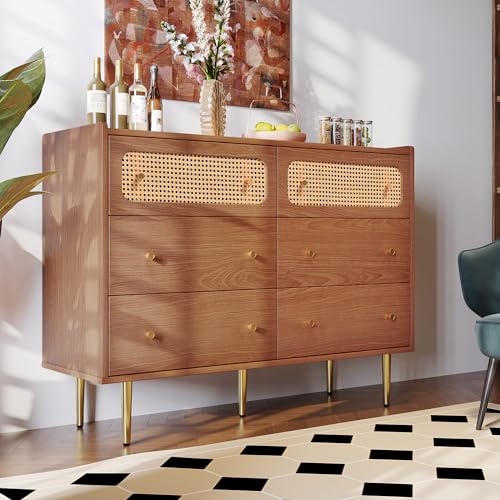 HYUB Sideboard mit Rattan Einsatz 120x40x90cm Beistellschrank Schrank Mehrzweckschrank Flurschrank, Kommode Anrichte mit 6 Schubladen, Viel Stauraum, Nussbaum, Holzfarbe von HYUB