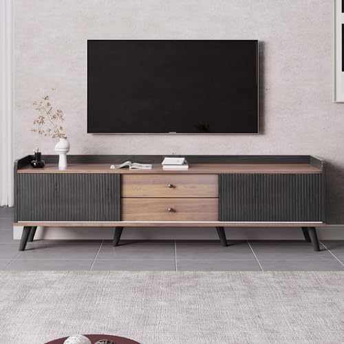 HYUB TV Lowboard, für unter 70-Zoll-Fernseher, TV-Schrank mit Zwei Schiebetüren und Zwei Schubladen, TV Bank für Ihr Wohnzimmer Schlafzimmer, Elegantes Streifendesign, Schwarz, 160x40x58cm von HYUB