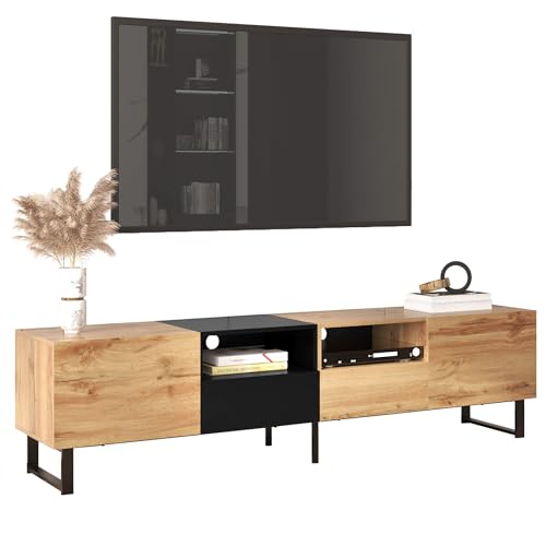 HYUB TV Lowboard, für unter 75-Zoll-Fernseher, TV-Schrank mit 4 Türen und 2 Offenes Fächer, TV Sideboard, Fernsehschrank für Wohnzimmer Schlafzimmer, 190x38x48cm, Natur von HYUB