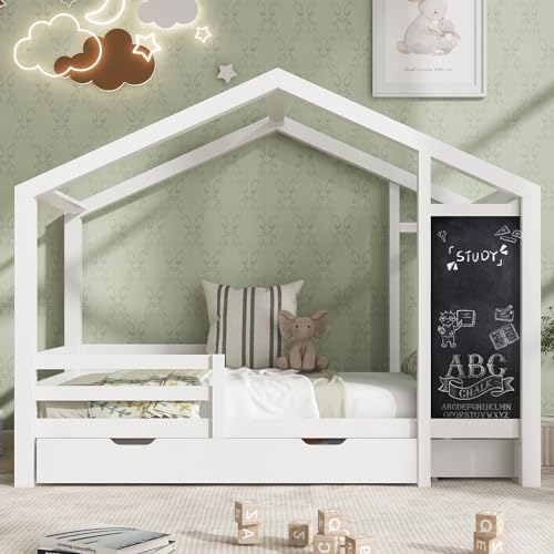 Kinderbett Baumhaus 90 x 200cm mit Zaun Zwei Schubladen und Lattenrost, Kinder Haus Bett mit Speicherung und Rausfallschutz für spielendes Lernen, Weiß von HYUB