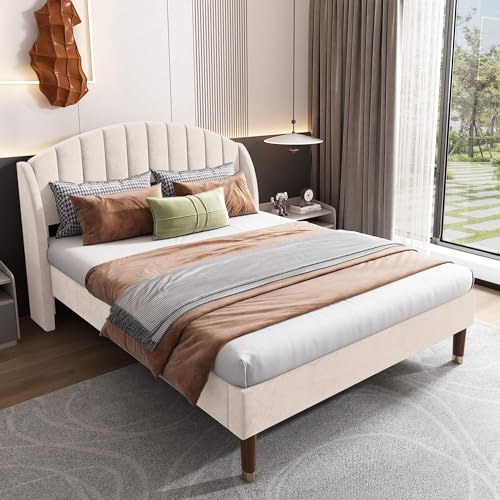 Polsterbett Doppelbett 140x200cm mit Lattenrost und Bettgestell, Stauraumbett Jugendbett mit Kopfteil, Holzlattenunterstützung, Samt Continentalbett, Stauraum unter dem Bett, Ohne Matratze, Beige von HYUB