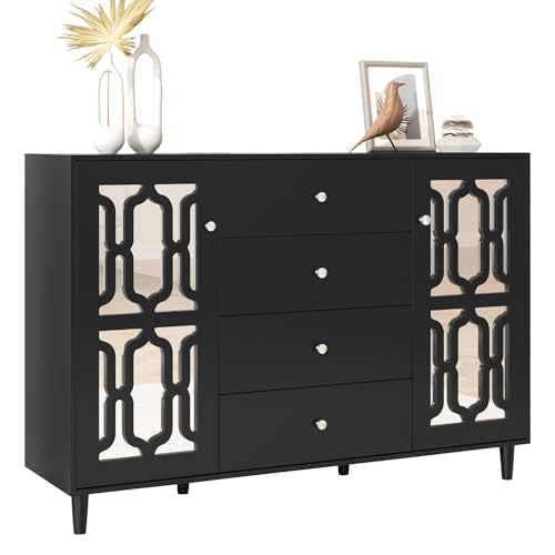 Schwarz Verspiegelte Sideboard, Kommode mit 2 Türen und Kristallgriffen, Aufbewahrungsschrank, Flurschrank mit 4 Schublade und Arbeitsplatte, Mehrzweckschrank, für Schlafzimmer Wohnzimmer Esszimmer von HYUB