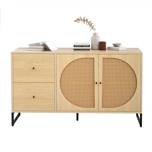 Sideboard, Kommode mit 2 Rattan verzierten Türen, Anrichte, Aufbewahrungsschrank mit Verstellbaren Einlegeböden und Metallgriffe für Schlafzimmer & Wohnräume, Mehrzweckschrank, Natur, 130x40x75cm von HYUB