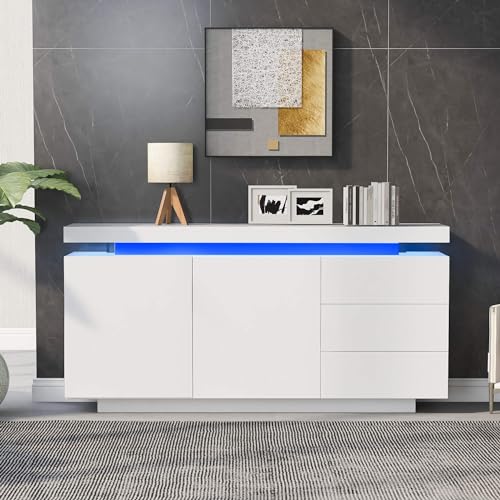 Sideboard, Kommode mit Arbeitsplatte und 16 Farben LED-Leuchten, Mehrzweckschrank, Anrichte mit 3 Schubladen und Großzügigem Stauraum, Aufbewahrungsschrank, für Schlafzimmer Wohnzimmer Küche, Weiß von HYUB