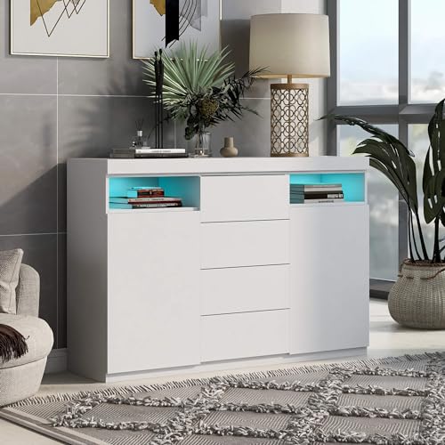 Sideboard, Kommode mit Offenes Ablagefach und 16 Farben LED-Leuchten, Mehrzweckschrank, Anrichte mit Großzügigem Stauraum und 4 Schubladen, Aufbewahrungsschrank, für Schlafzimmer Wohnzimmer Küche von HYUB