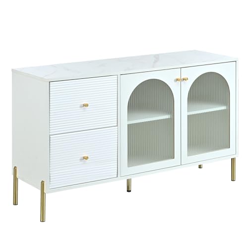 Sideboard Kommode 120x40x73cm Moderne Beistellschrank Schrank Mehrzweckschrank Flurschrank, Anrichte mit 2 Schubladen und 2 Türen mit Glastüren, Viel Stauraum für Wohnzimmer, Esszimmer, Goldenes&Weiß von HYUB